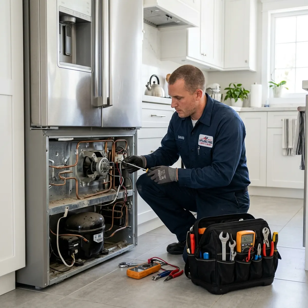 Técnico RefriBox de uniforme azul-marinho realizando manutenção na traseira de uma geladeira inox